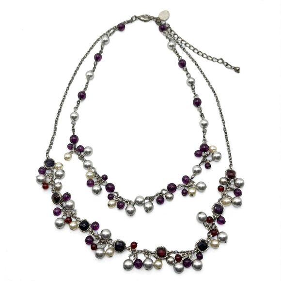 Laila Rowe Layered Necklace Antiqued Silver Tone Purple Red Dangle Bead Boho - Picture 12 of 12